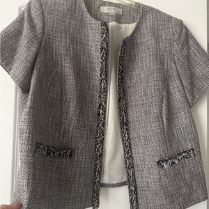 Tahari Women's Half Sleeve Navy Blue & White Tweed Jacket